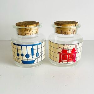 Vintage French Glass Kitchen Canisters w/ Cork Lids Retro Pantry Jars Set of 2